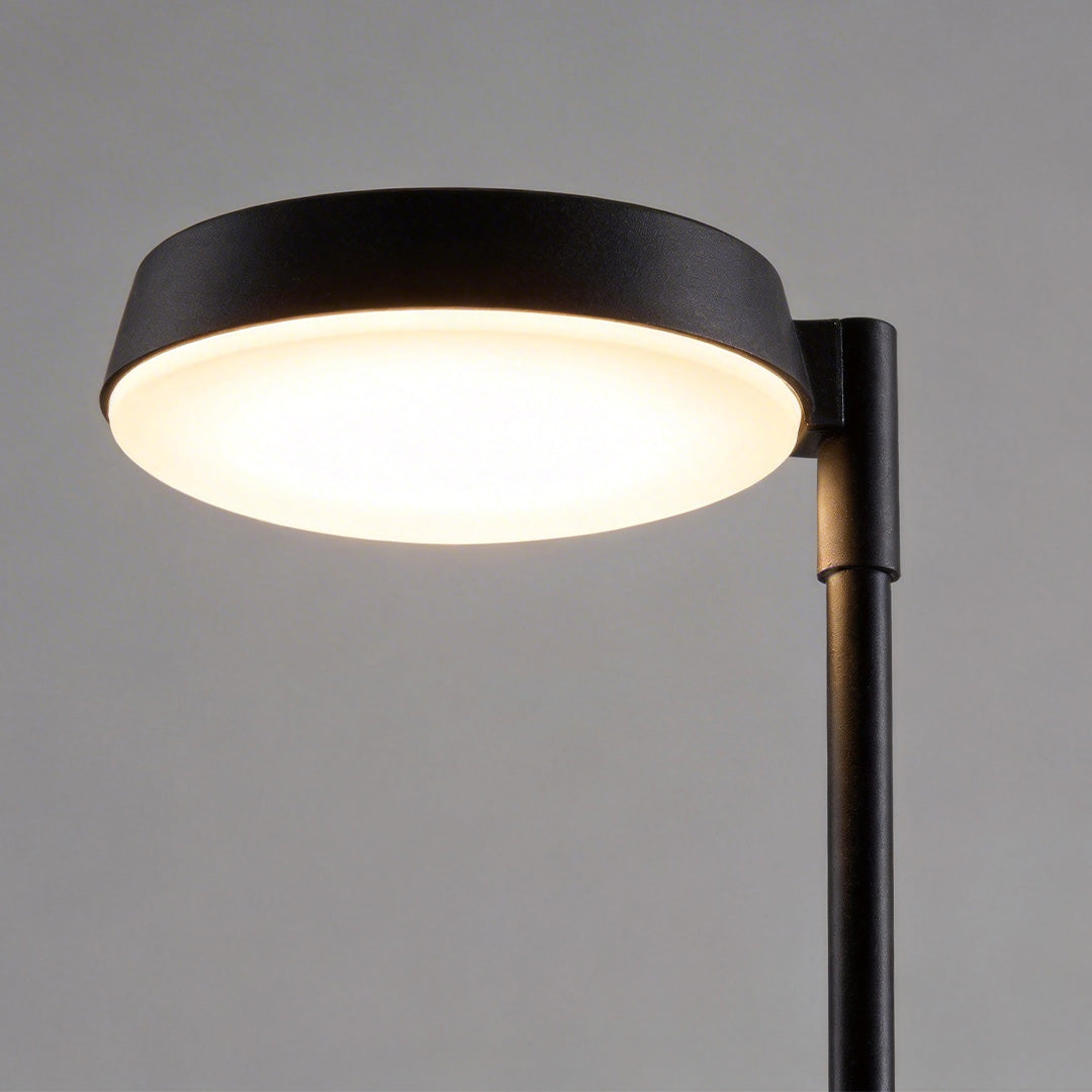 Close-up of black lamp floor showcasing its modern head and sleek pole.