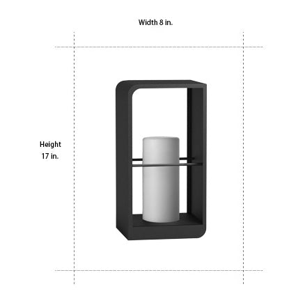 Black lantern outdoor light with dimensions, width 8 inches and height 29 inches.
