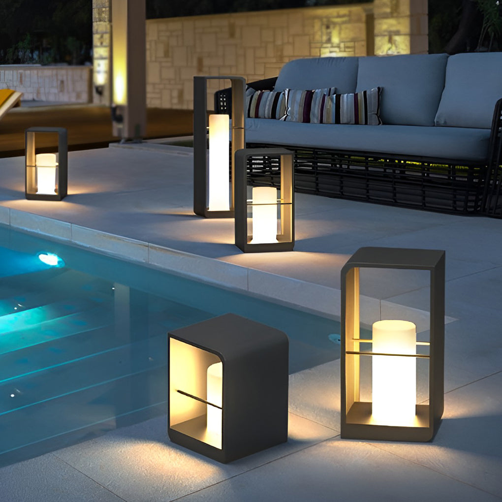 Black lantern outdoor light with dual lanterns, enhancing modern patio with warm glow.