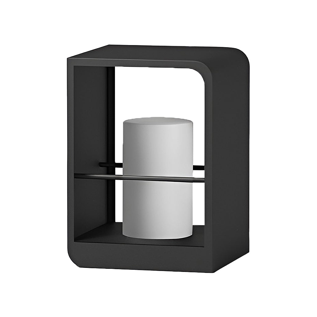 Black lantern outdoor light, front view of empty candle holder and geometric frame.