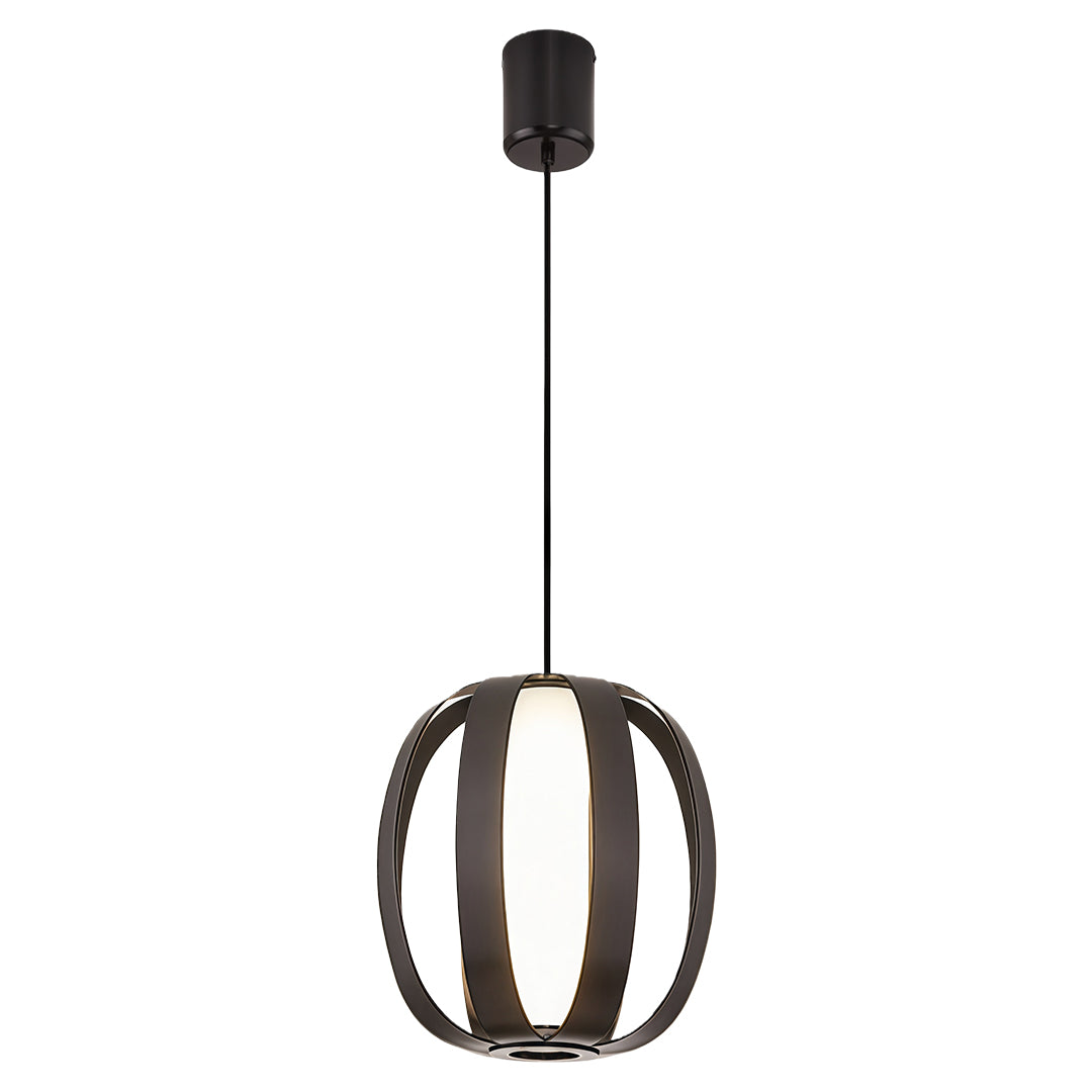 Black lantern pendant light with contemporary slatted cage design and frosted glass interior.