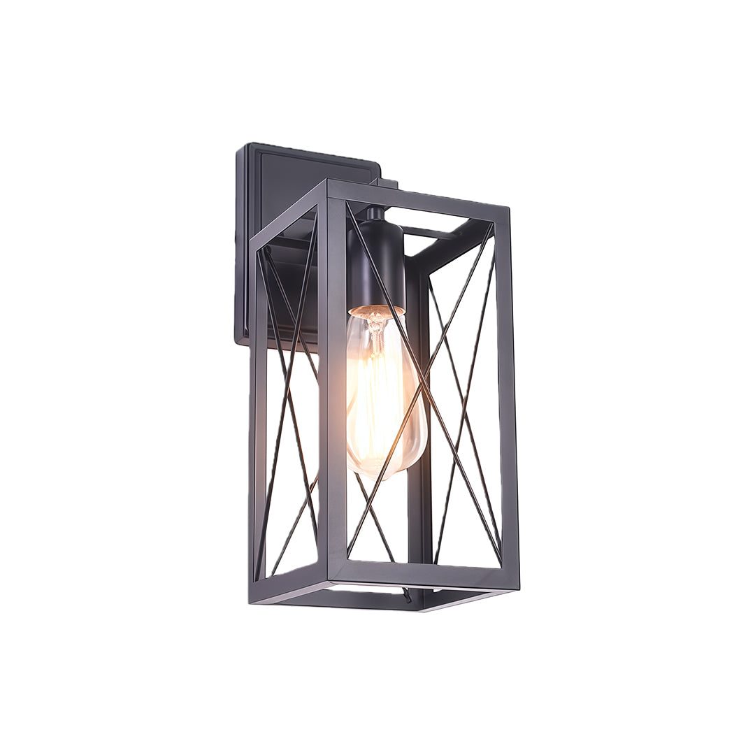 Black lantern wall light with a geometric metal frame, providing a rustic and modern lighting solution.