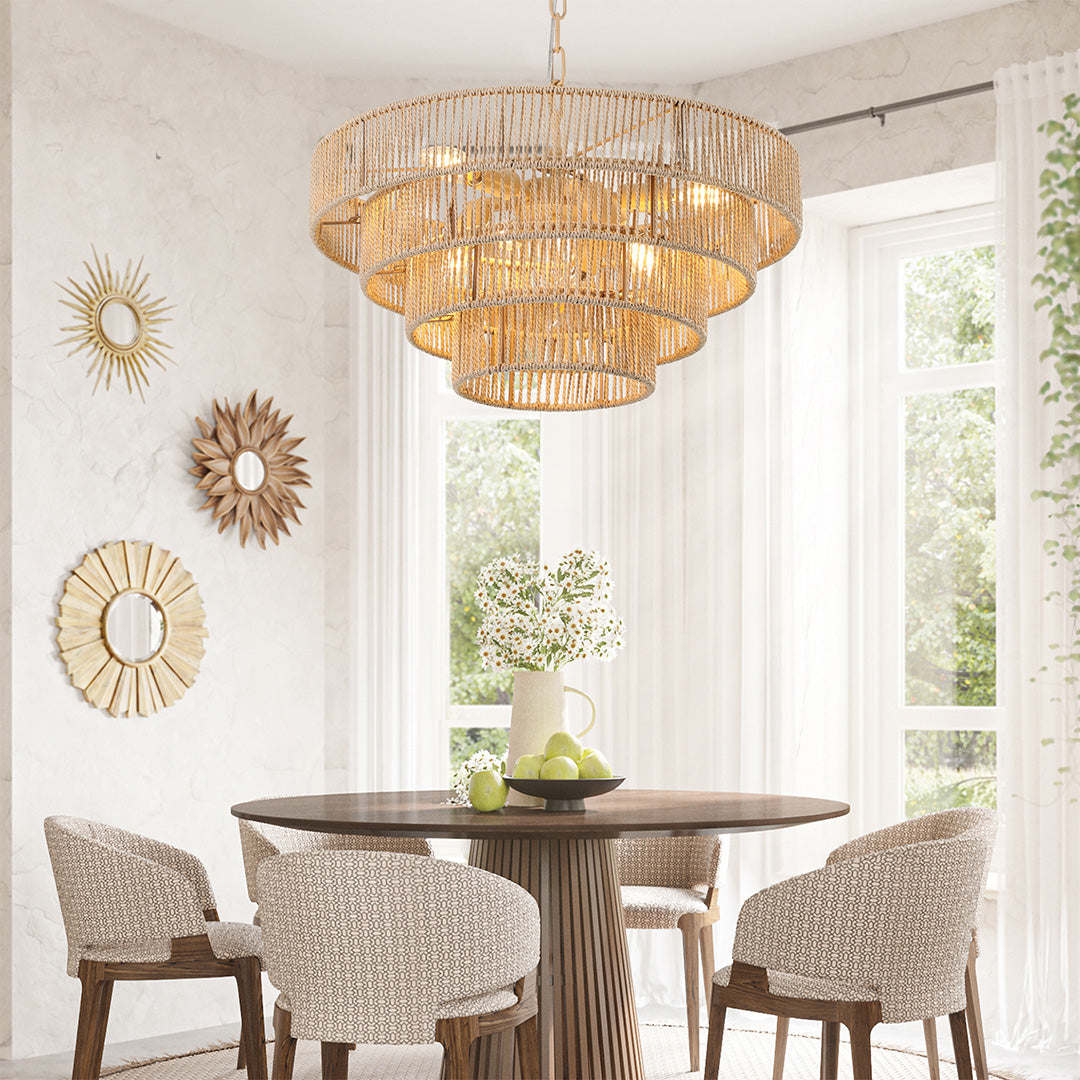 Black Japanese style chandelier with layered crystal strands, creating a sophisticated focal point in living spaces.