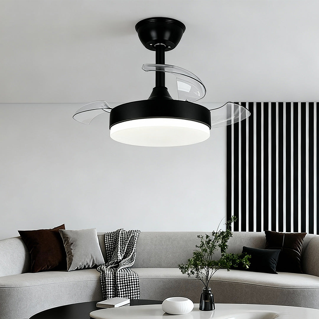 Black LED ceiling fan with lights enhancing modern living room with grey sofa and striped accents