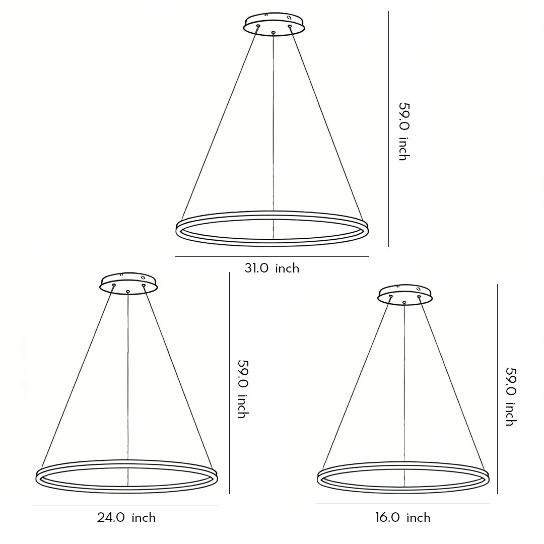 Black LED ring chandelier shown in technical line drawing with dimension measurements.