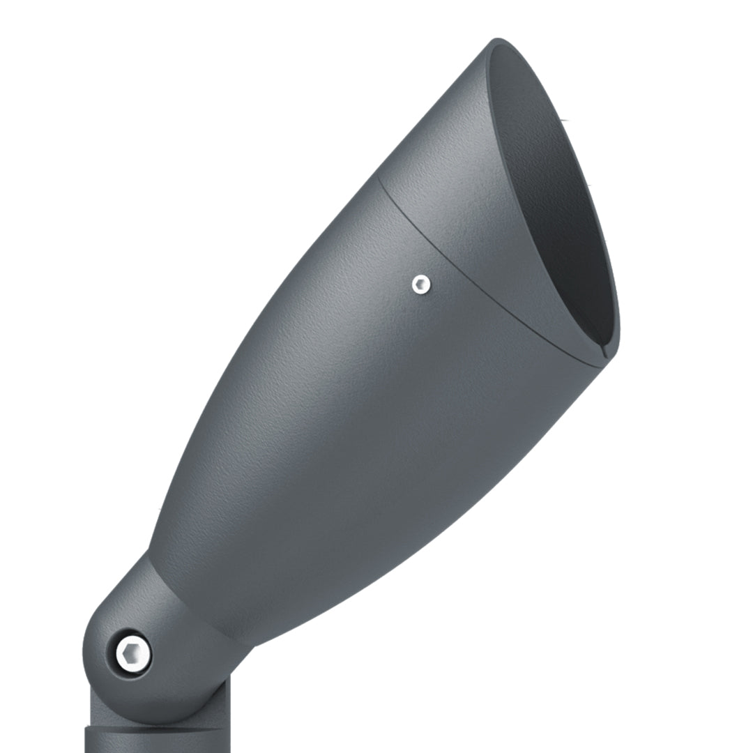 Close-up detail of black LED spotlight head showing streamlined housing and precision optics design