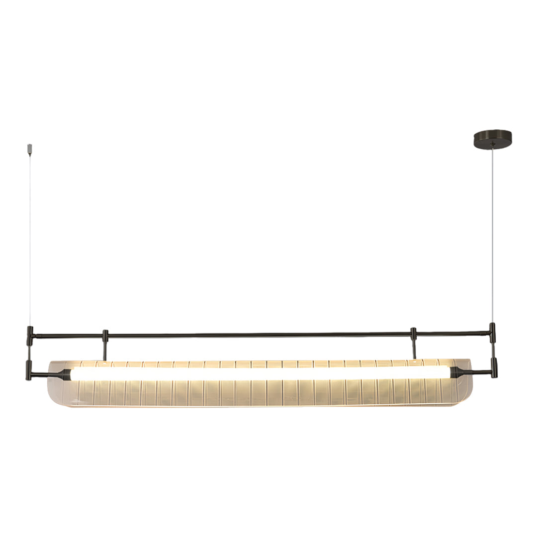Black linear light pendant with sculptural ribbed shade displayed on white background with dimension marker