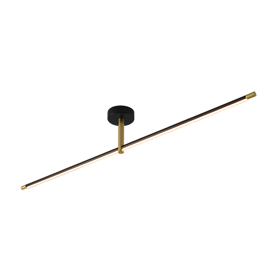 Modern black linear semi flush mount light with brass finish and sleek LED strip design for ceiling installation, 38.6-inch-width.