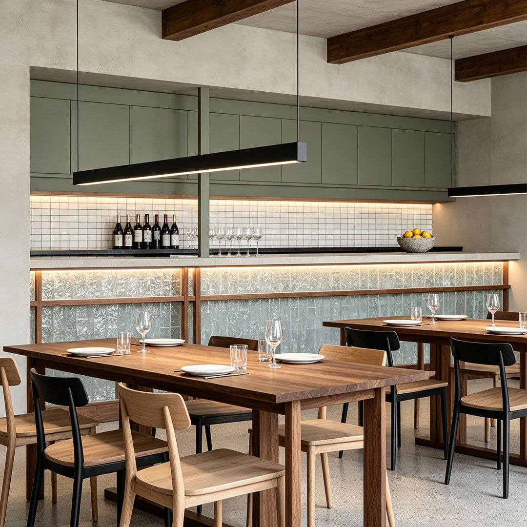 Black linear suspension light illuminating a stylish restaurant dining interior.