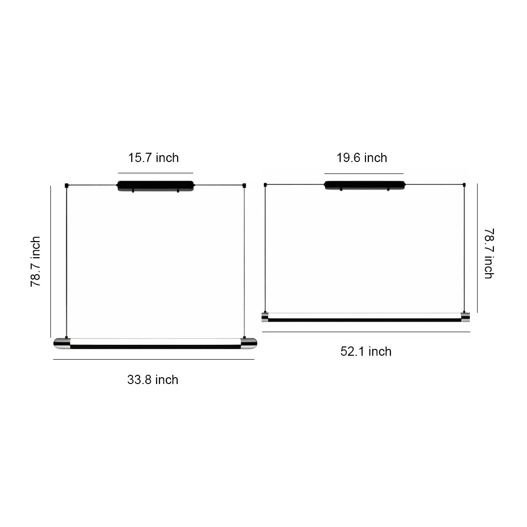 Black linear suspension light technical drawing showing rectangular profile with mounting specifications and dimensions