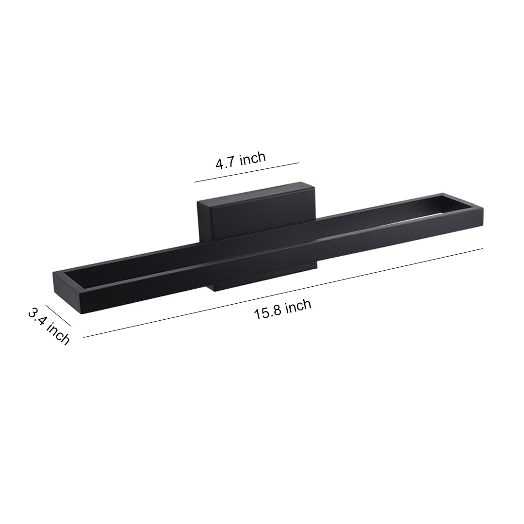 Black vanity bathroom light with linear LED strip and sleek mounting bracket on white background