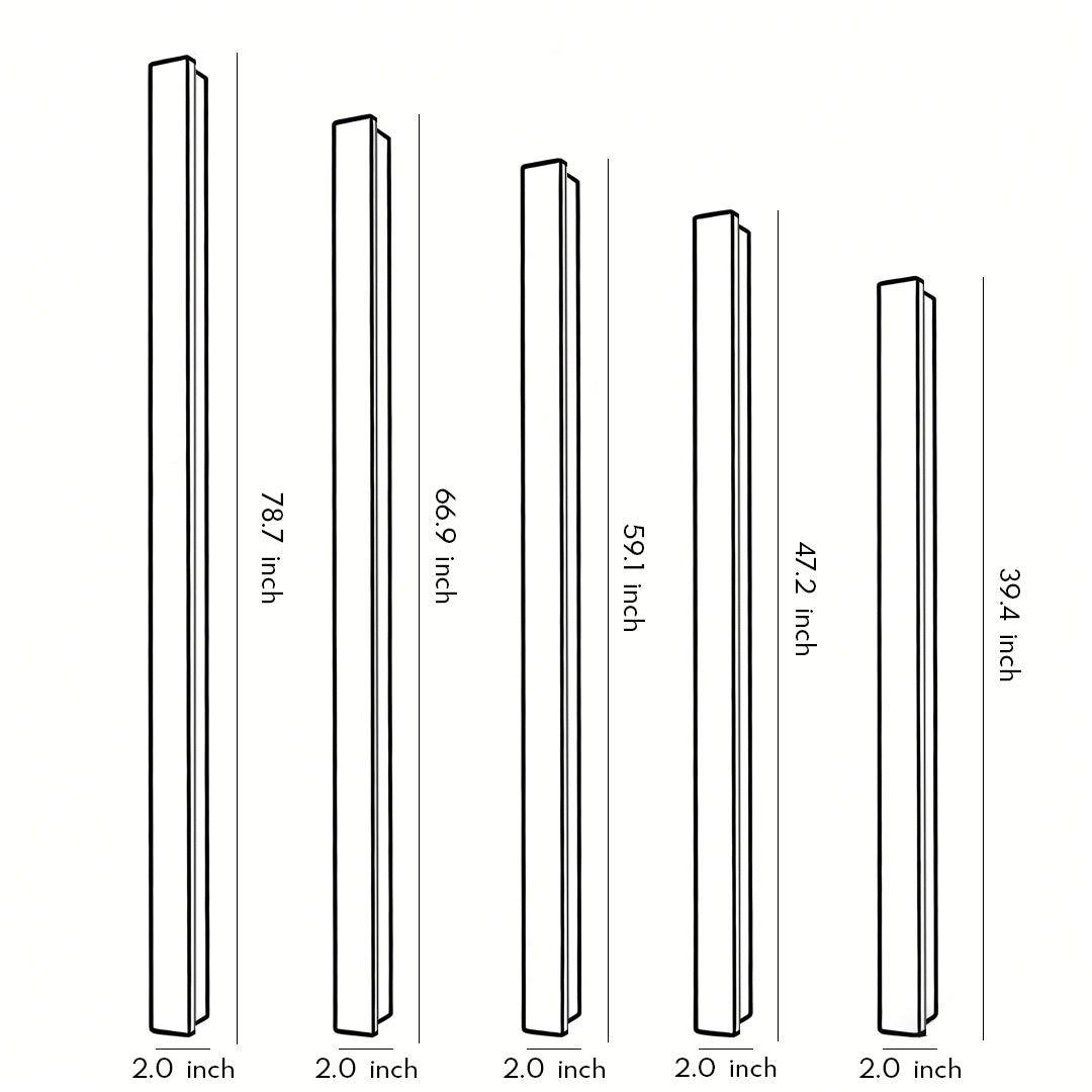 Technical diagram showing dimensions and structure of black linear wall light models.
