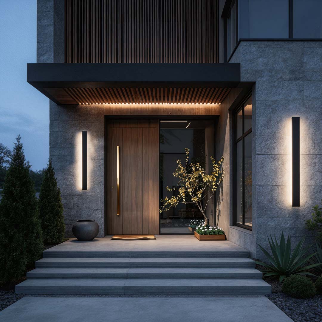 Black linear wall sconce enhancing a contemporary doorway with warm ambient glow.