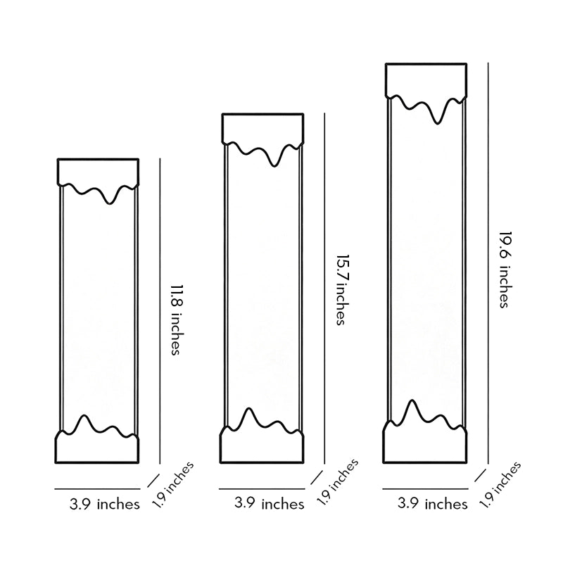 Dimension diagram of black linear wall sconce showing 11.8, 15.7, and 19.6 inch height options.