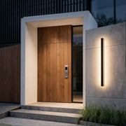 Black linear wall sconce illuminating a modern house entrance with sleek vertical light.