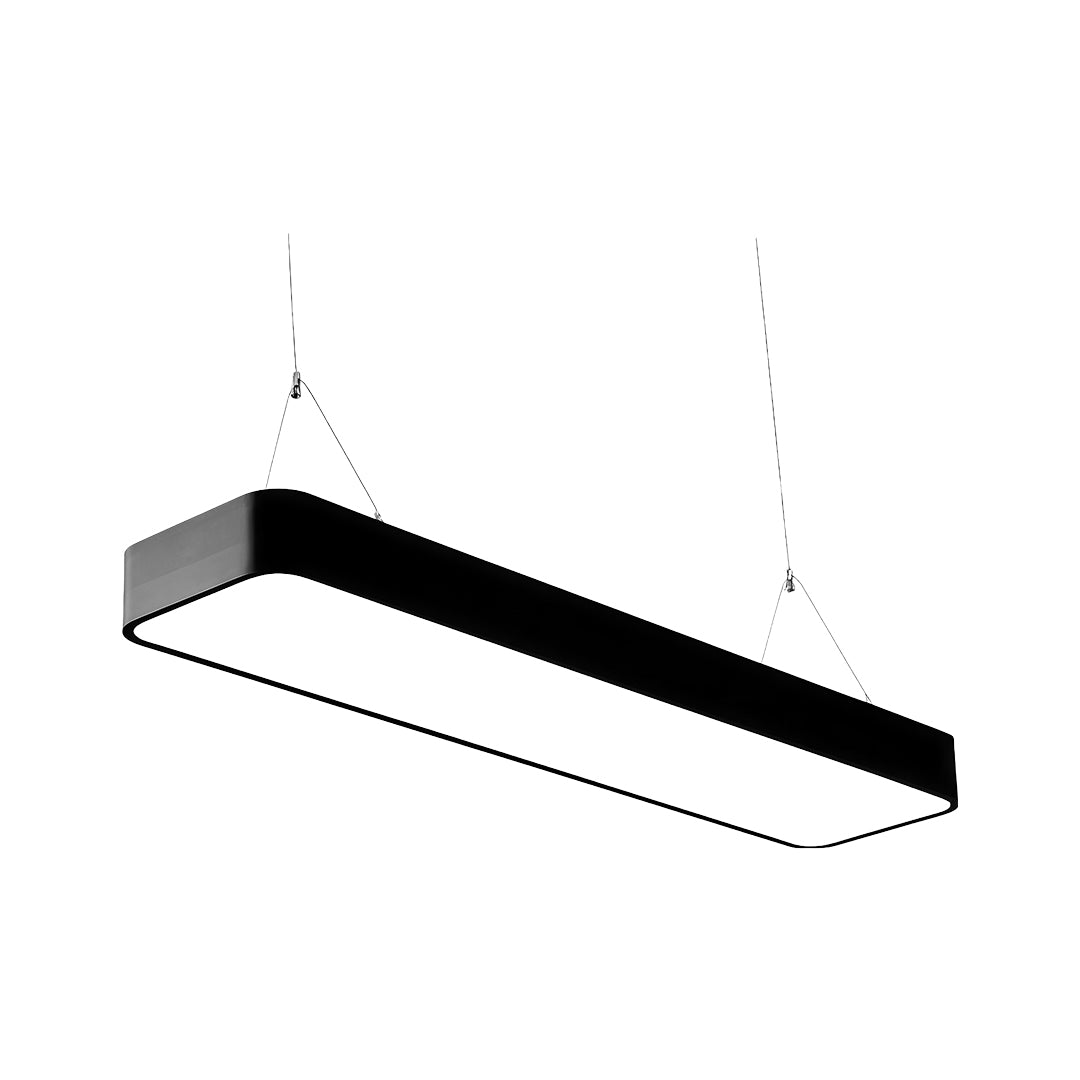 Black long rectangular chandelier suspended in a modern office space, offering bright and efficient lighting.
