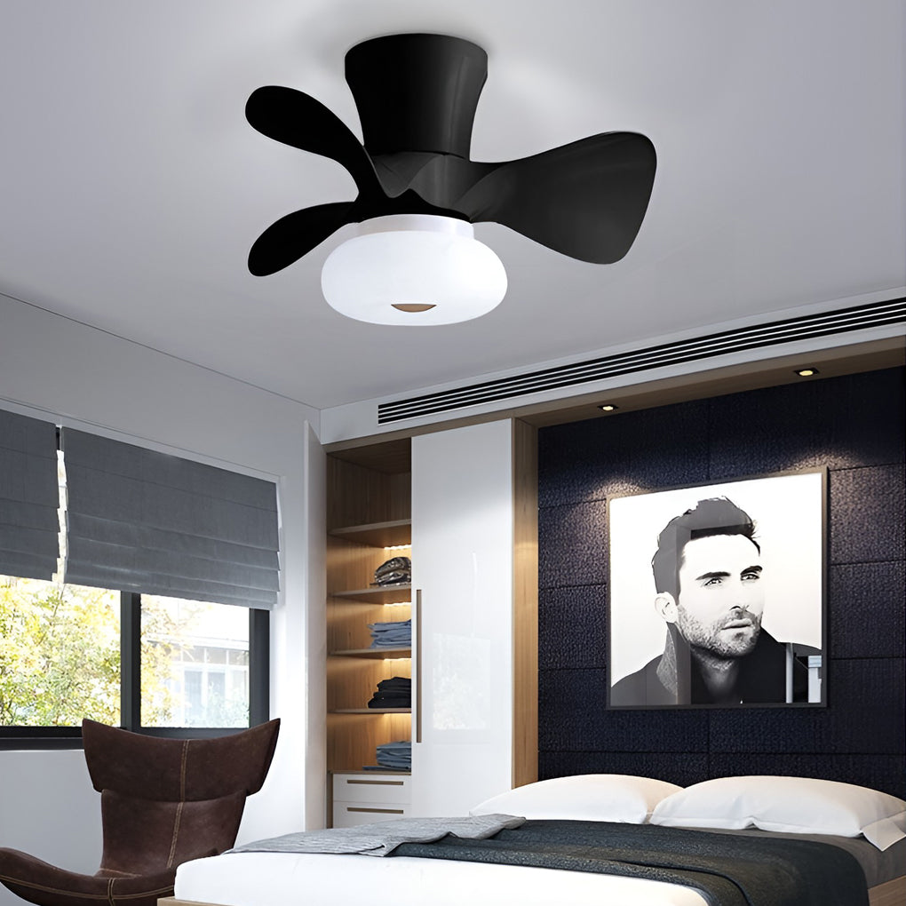 Black macaron ceiling fan with light in contemporary bedroom setting.