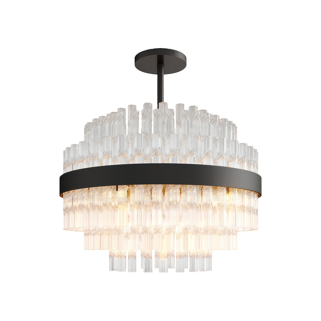 Modern luxury chandeliers with black metal ring and cascading crystal glass accents