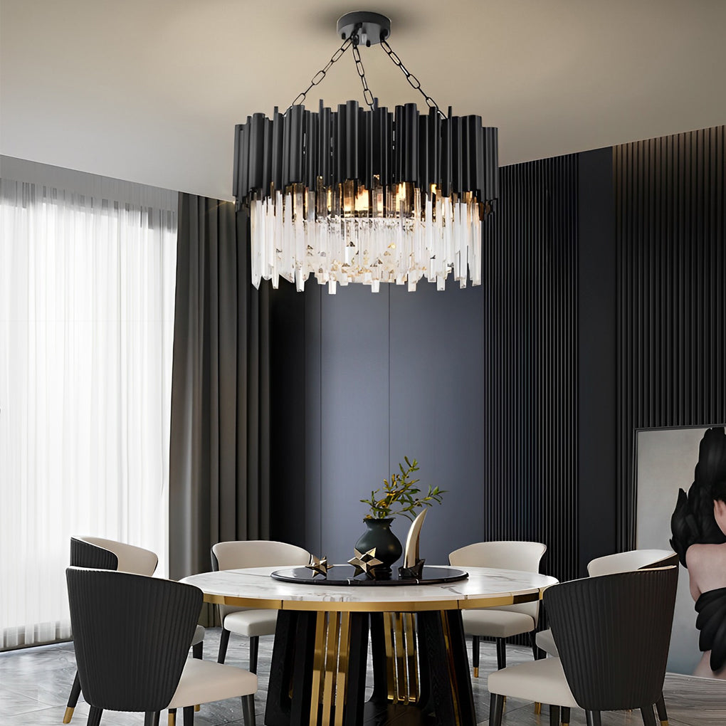Black metal and crystal chandelier providing ambient illumination in a luxurious living room.