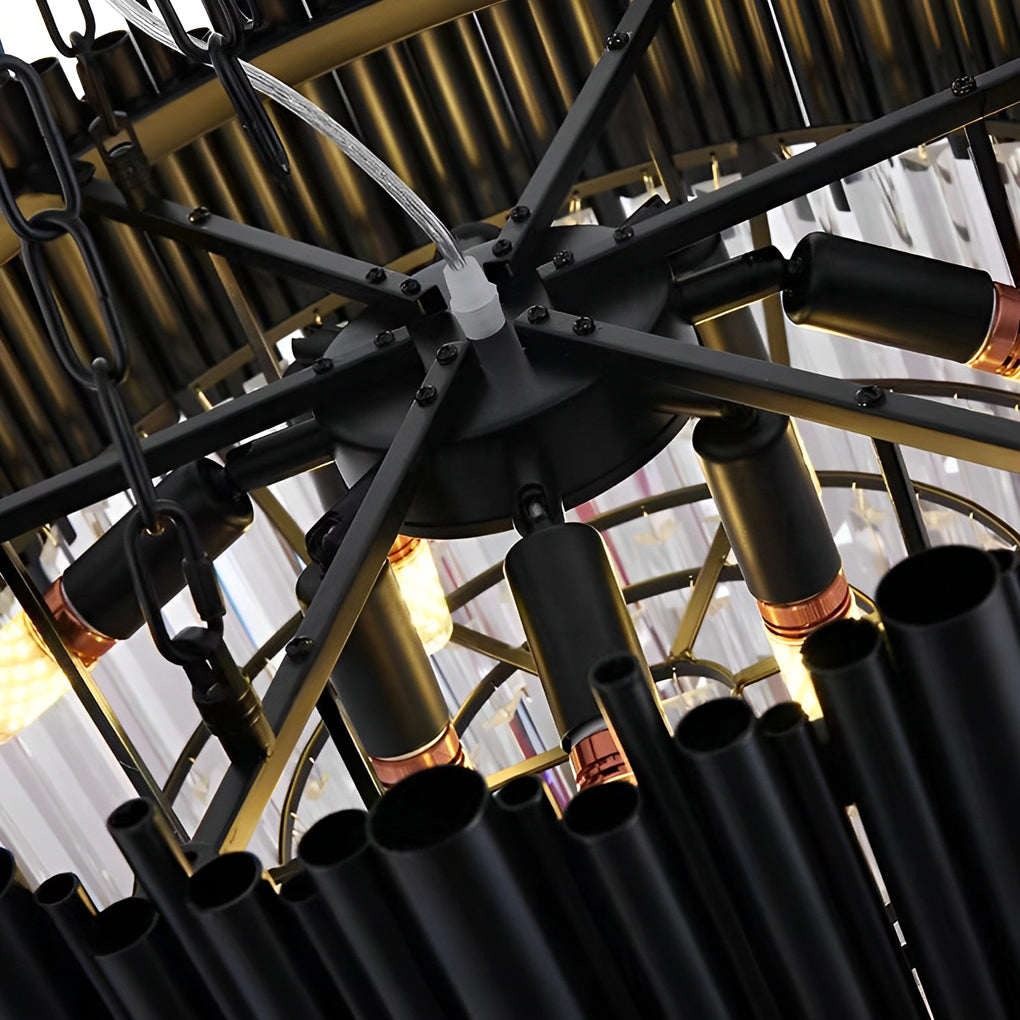 Black metal and crystal chandelier with a black finish, enhancing a contemporary interior.