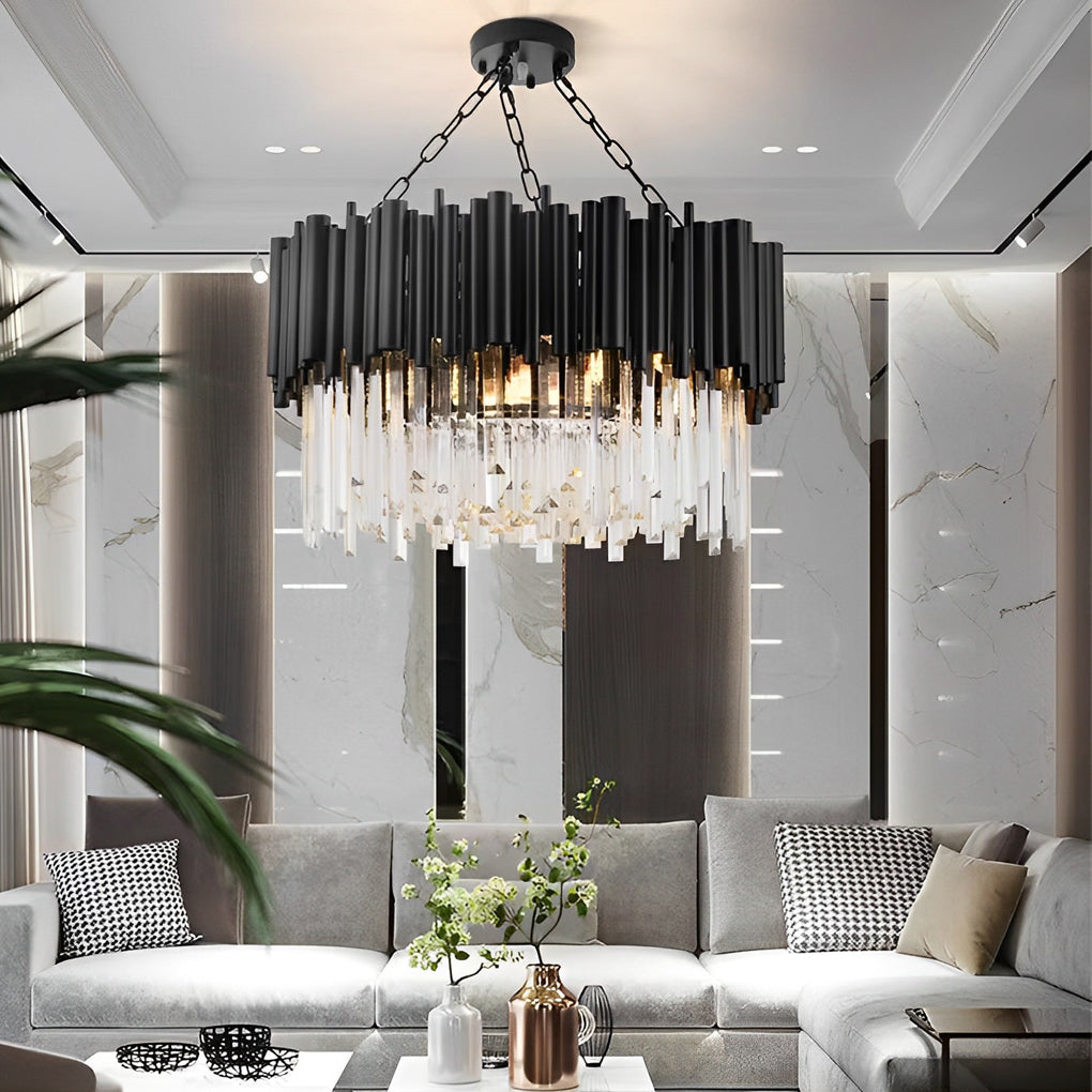 Black metal and crystal chandelier with a detailed view of its crystal strands and metal structure.