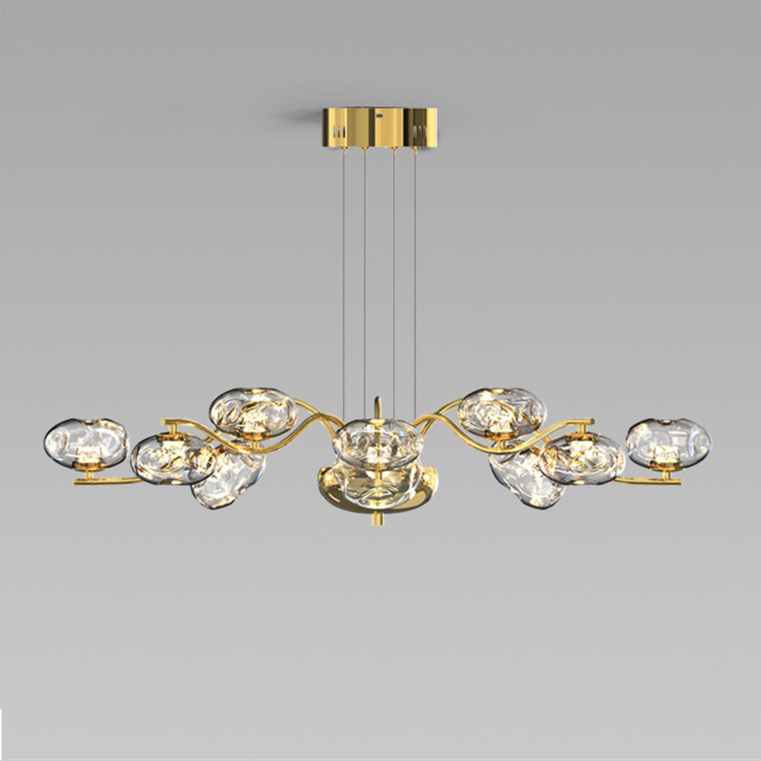 Modern LED chandelier with black metal frame and crystal glass elements creating striking visual focal point