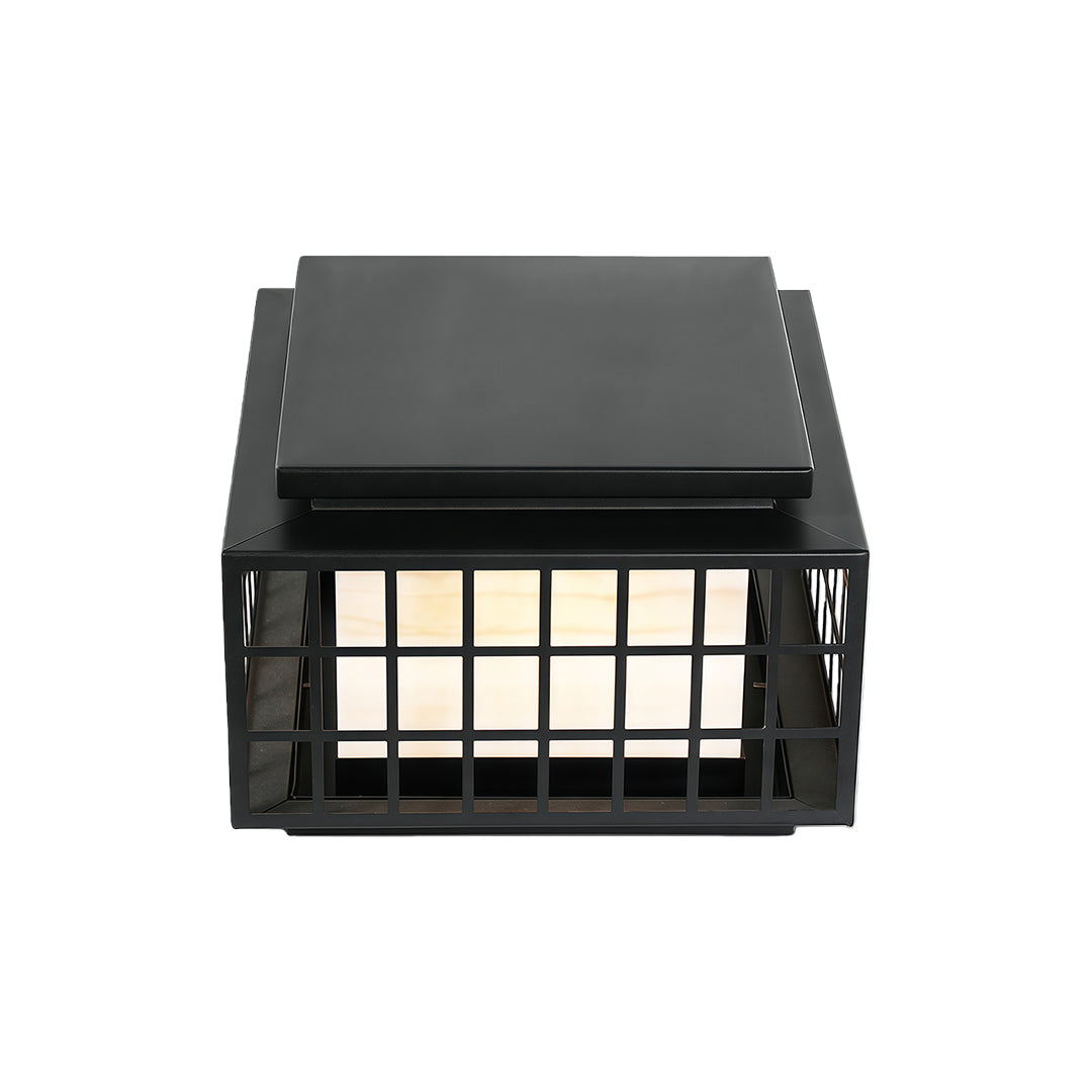 Modern gate pillar light with a black metal frame, providing a contemporary look for garden or driveway entrances.