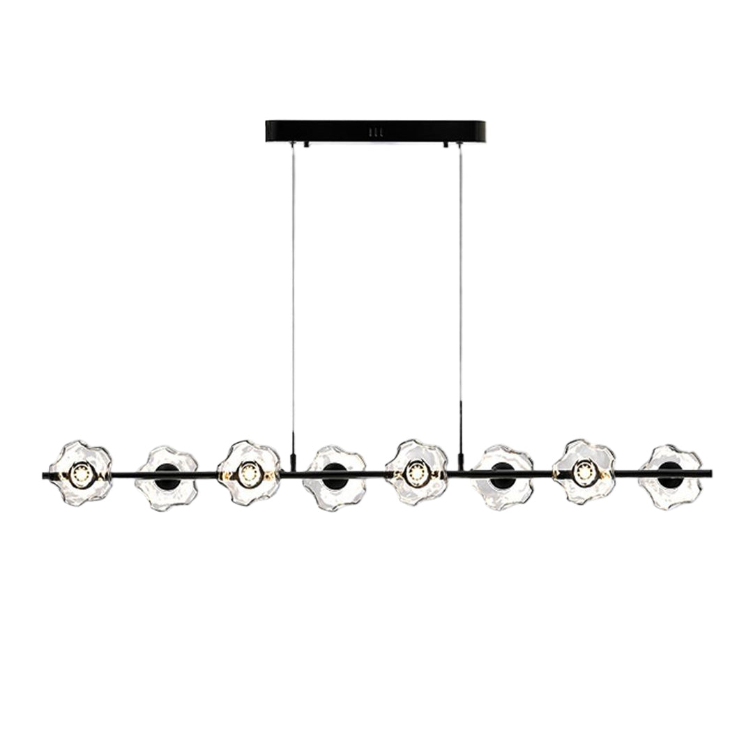Modern linear pendant chandelier with black metal frame featuring multiple glass orbs in sleek horizontal design