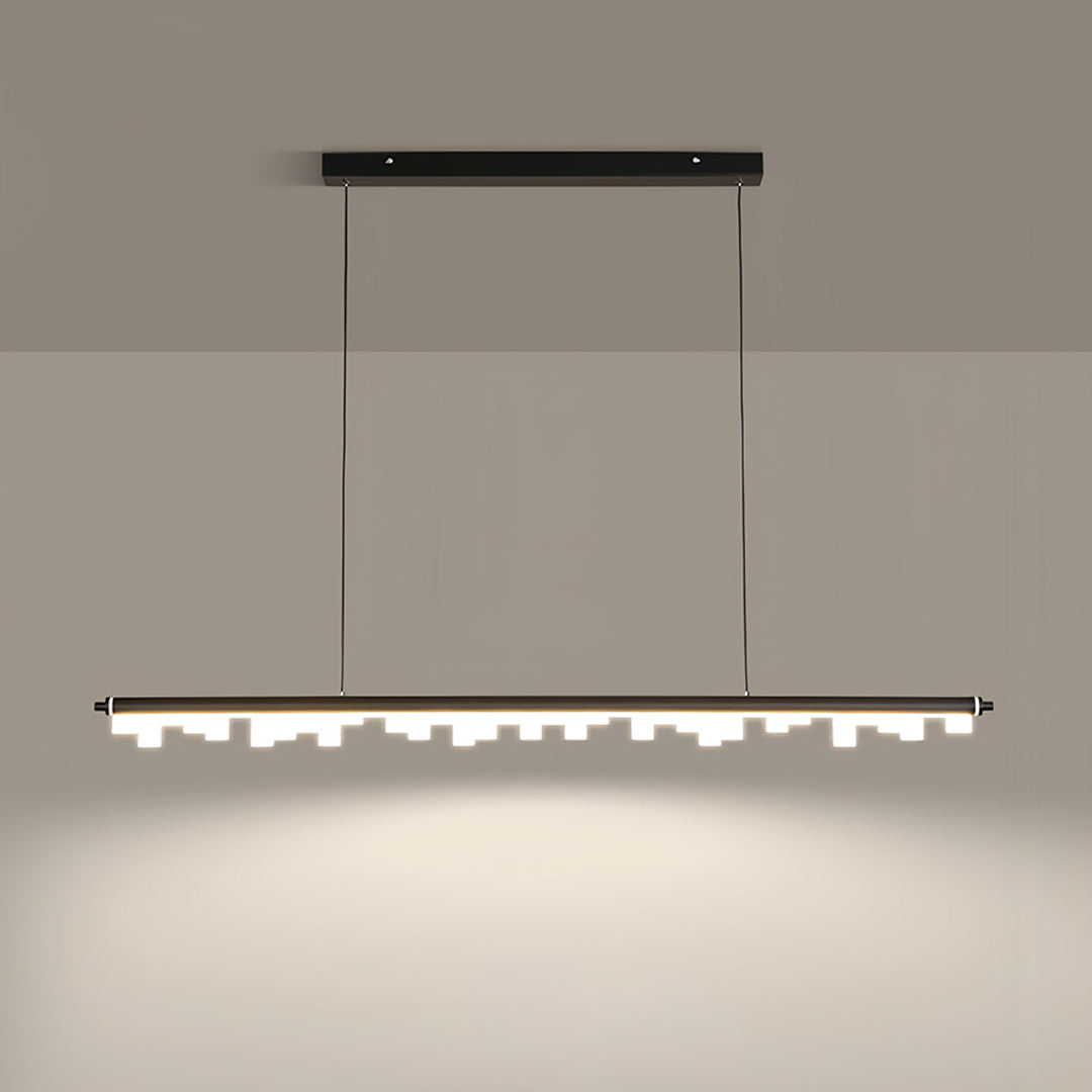 Black metal pendant light with integrated LED strip illuminating modern dining space