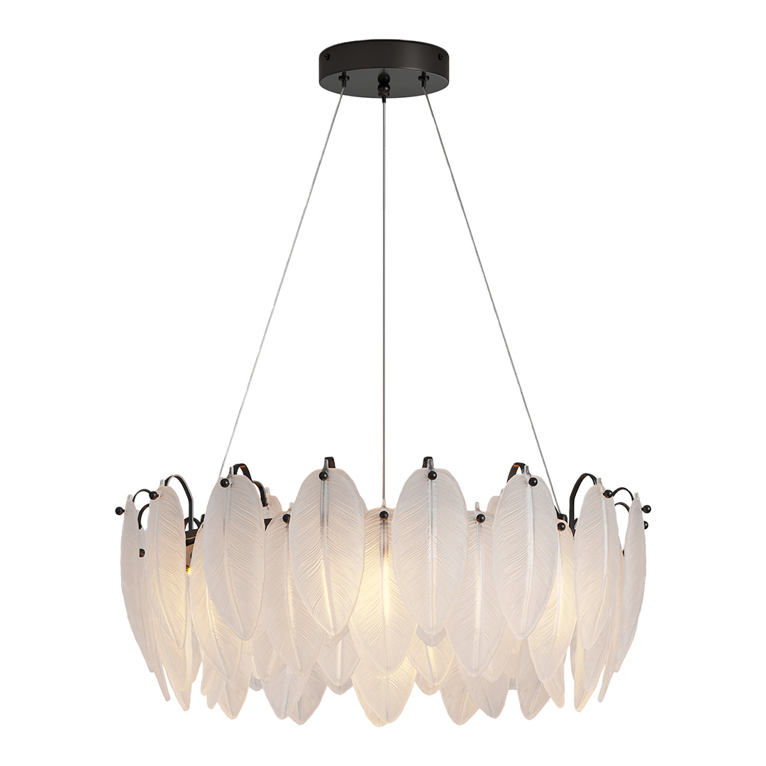 Feather chandeliers with black metal band and translucent glass leaf design