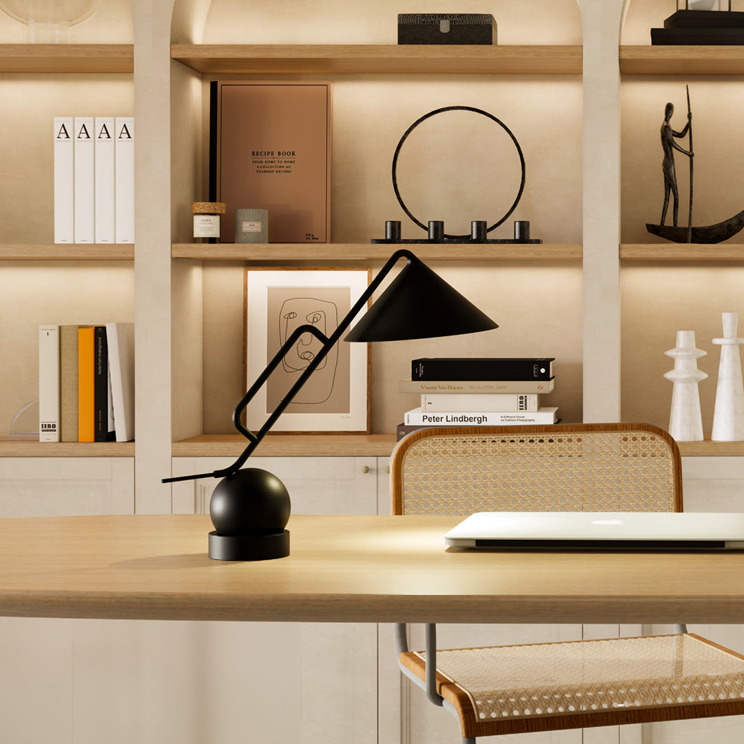 Black metal desk lamp collection showcasing USB rechargeable technology in organized shelving display