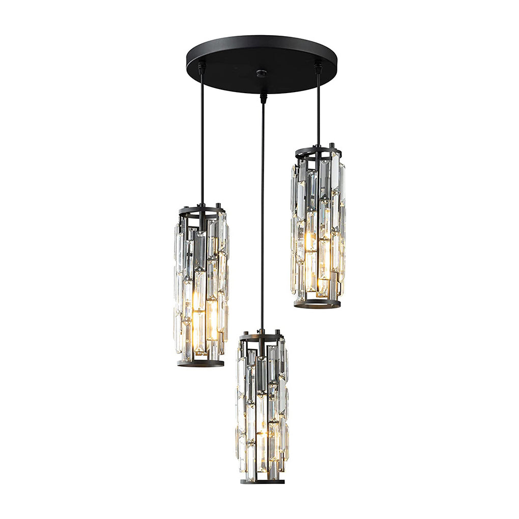 Three-light black mini crystal pendant fixture with staggered hanging heights.