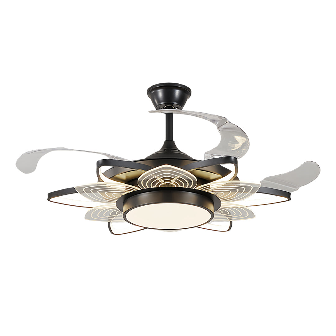 Black modern ceiling fan with light featuring flush mount design, transparent retractable blades, and integrated LED lighting