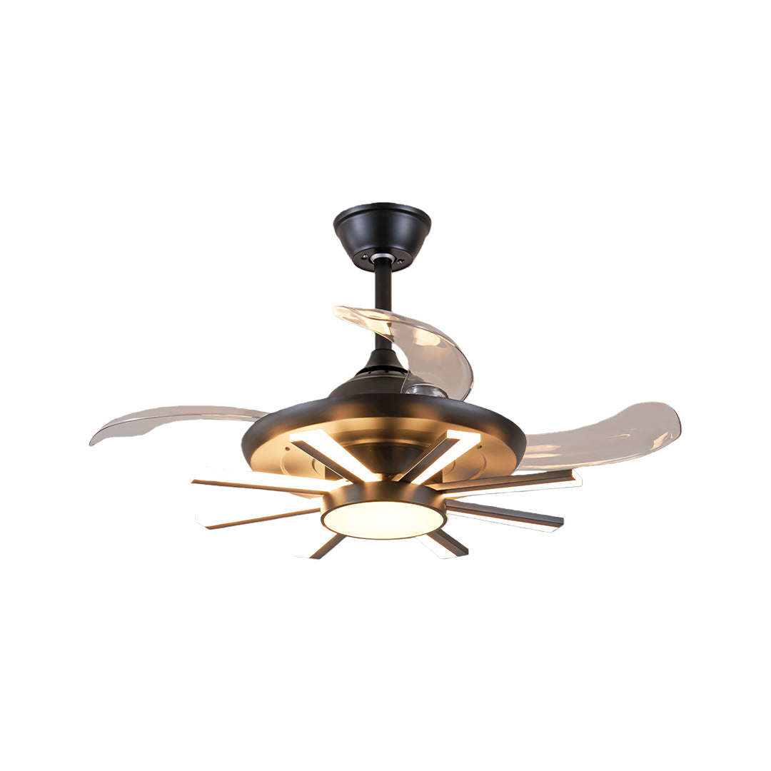 Black modern ceiling fan with light featuring flush mount design, transparent retractable blades, and integrated LED lighting