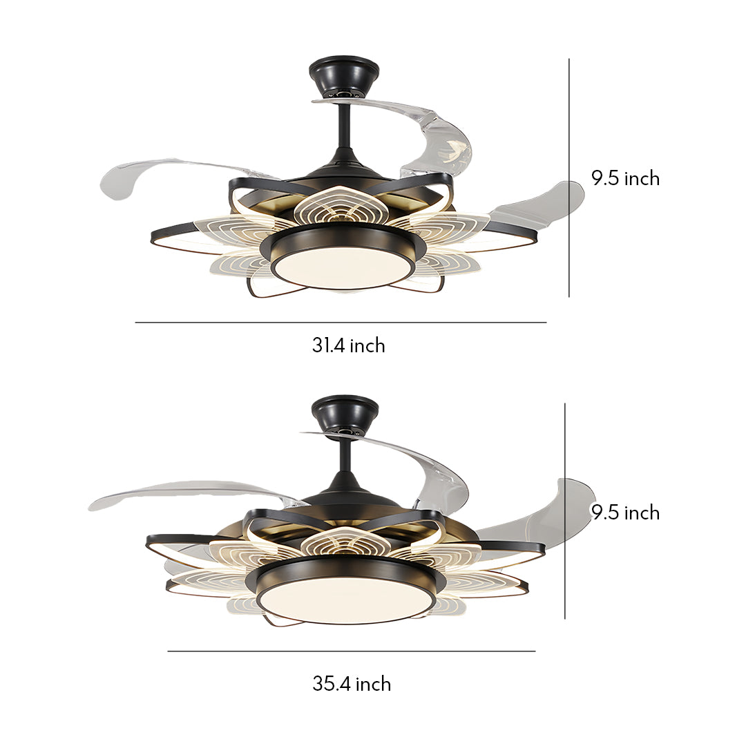 Black modern ceiling fan with light showing two size options with retractable blades and crystal accents, displayed with measurements