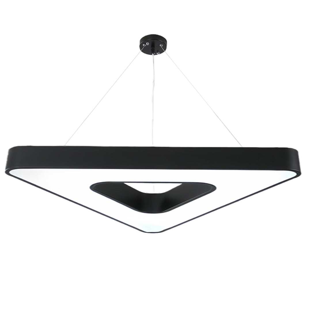 Close-up of a black modern chandelier highlighting its clean, angular shape and minimalistic design.