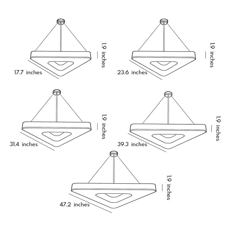 Technical diagram showing dimensions and structure of black modern chandeliers models.
