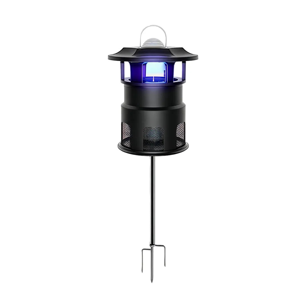Black mosquito-repellent garden light with a purple LED and forked ground stake for lawn installation