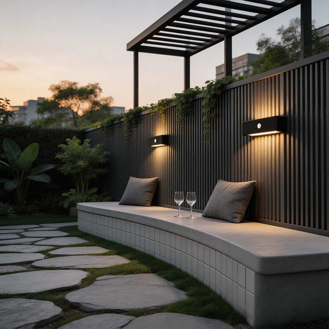 Black motion sensor outdoor wall light enhancing a contemporary garden seating area with ambient light.