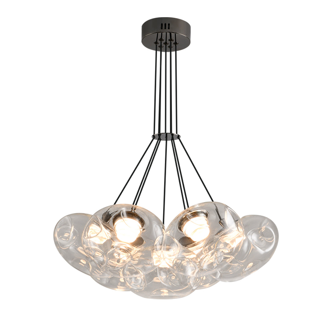 Contemporary multi light chandelier with black ceiling mount and multiple glass sphere bulbs in modern design