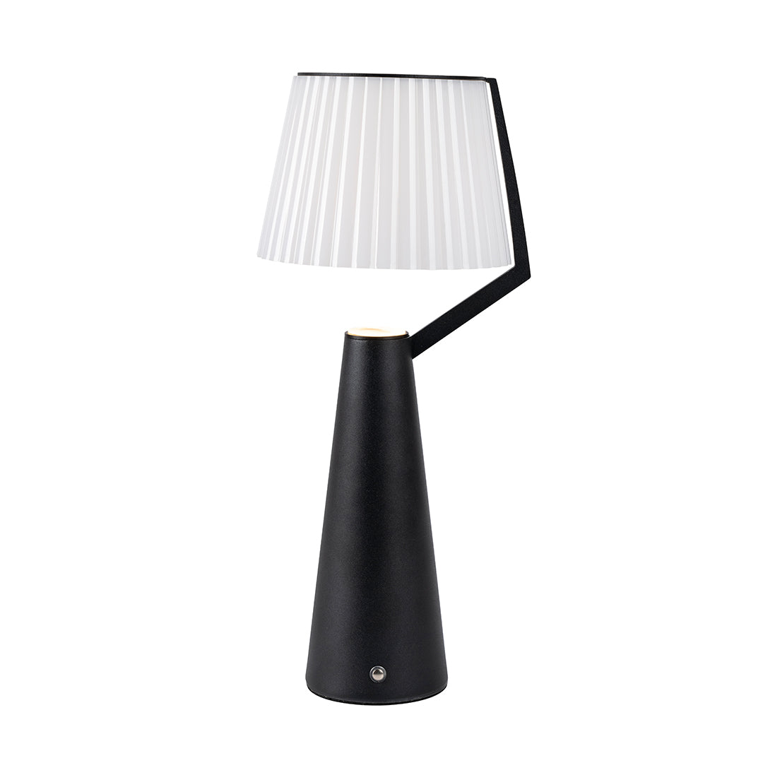 Isolated view of the black Nordic table lamp featuring its angled geometric design and classic pleated shade.
