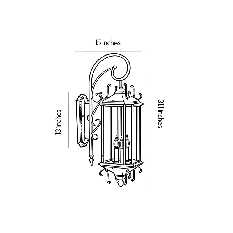 Black outdoor lantern sconce dimension drawing showing the overall height, width, and wall projection for exterior installation.