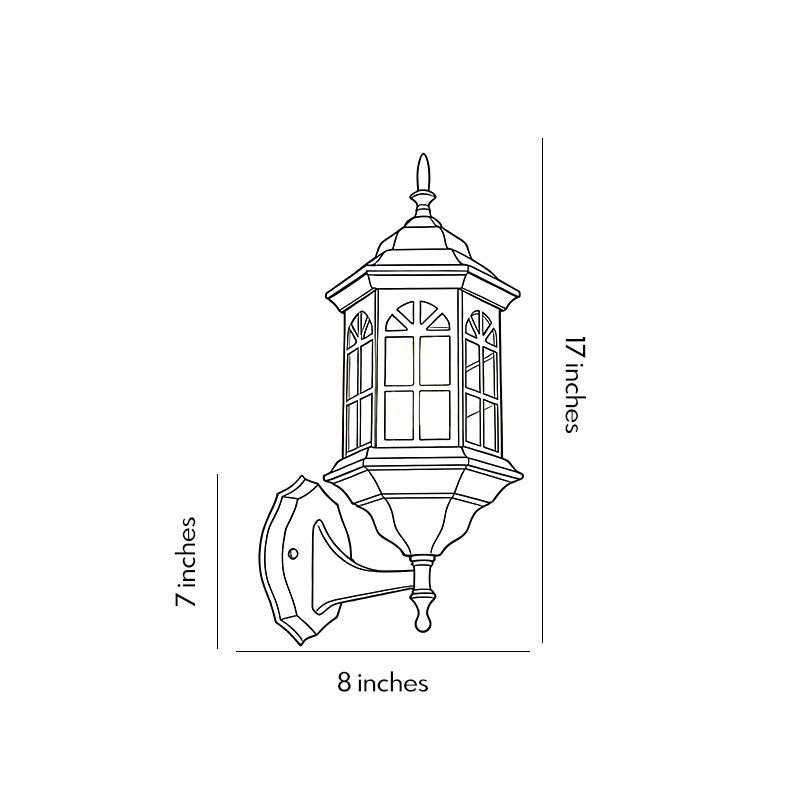 Line drawing of black outdoor lantern sconce dimensions, providing installation specifications.