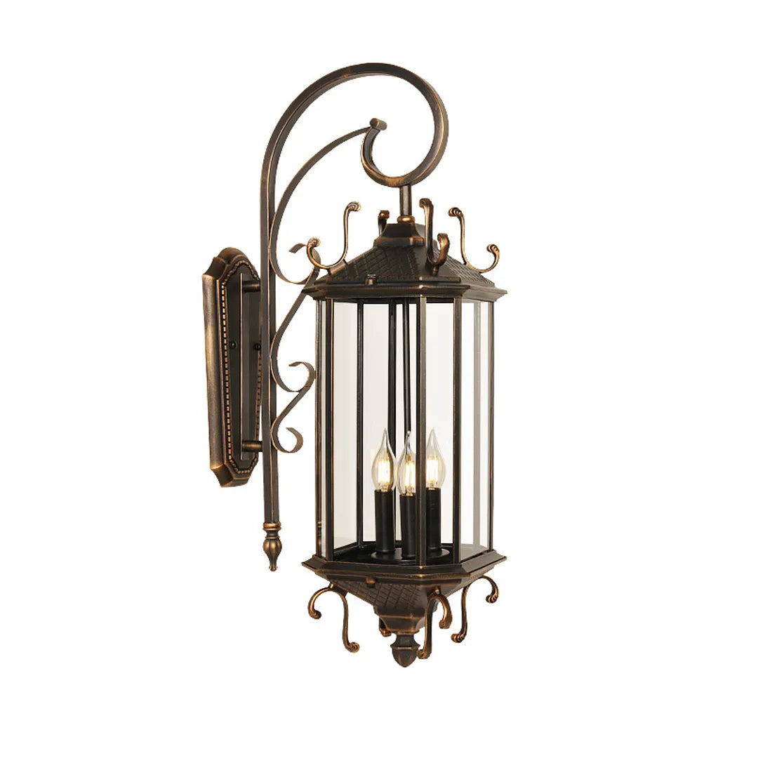 Black outdoor lantern sconce product image on a white background, featuring a curved scroll arm and clear glass lantern design.
