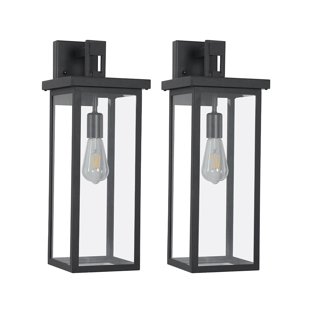 Pair of black outdoor lantern wall lights with clear glass, perfect for symmetrical entryway or porch lighting.
