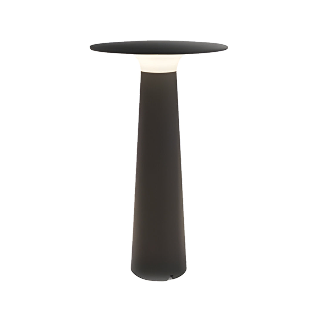 Sleek black outdoor led table lamp with minimalist column design shown on white background.