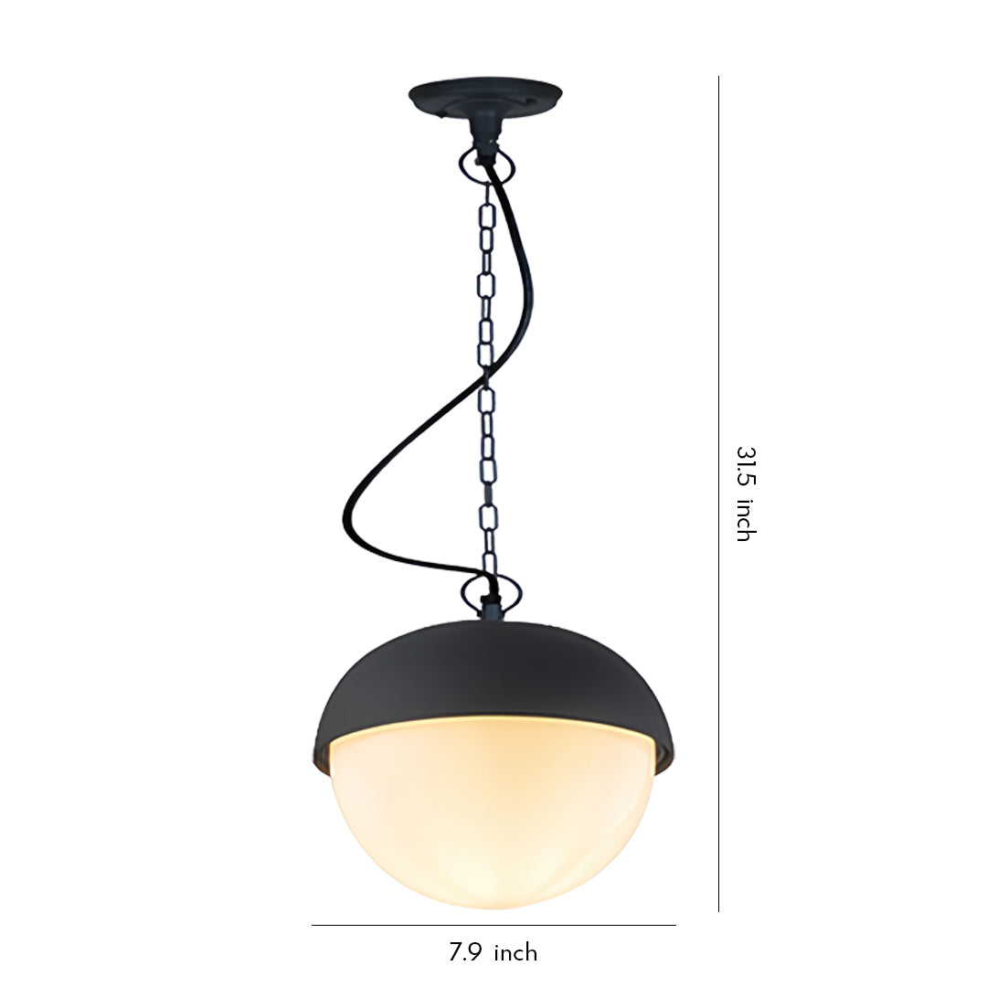Modern black outdoor pendant light with a globe-shaped diffuser hanging from a curved decorative cord.