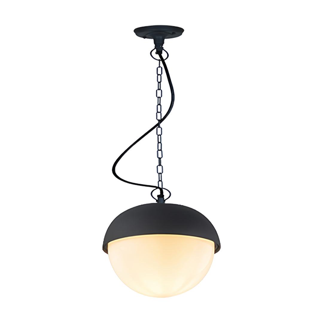 Stylish black outdoor pendant light featuring a warm globe diffuser suspended from a curled decorative cord.