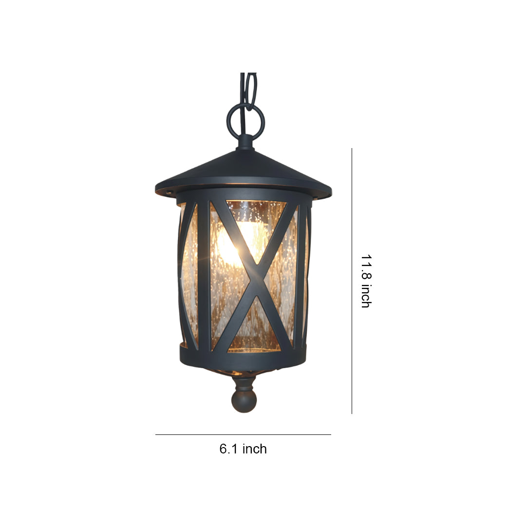 Black outdoor pendant light with X-pattern frosted glass and decorative metal frame, displayed with size measurement