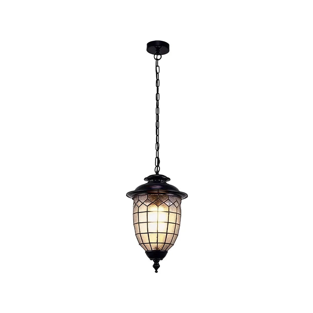 Black outdoor pendant lighting fixture with a lantern-style frame, textured glass, and chain suspension.